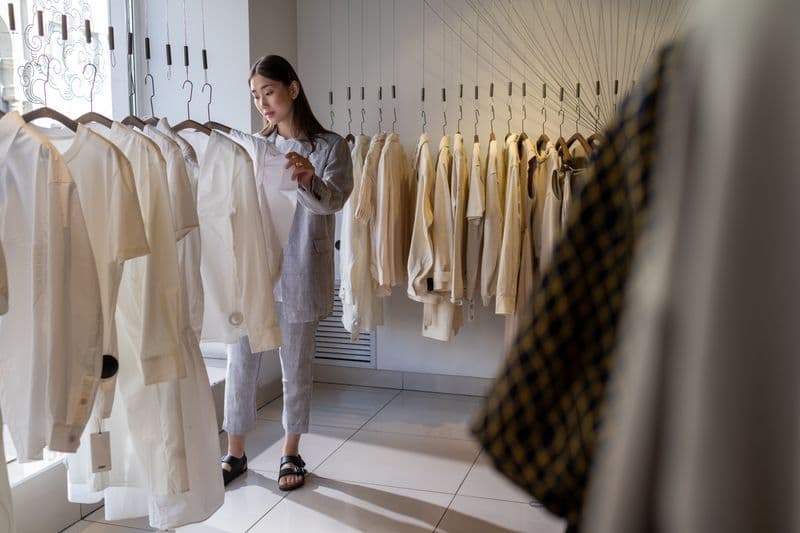 Femme essayant des vêtements dans une boutique